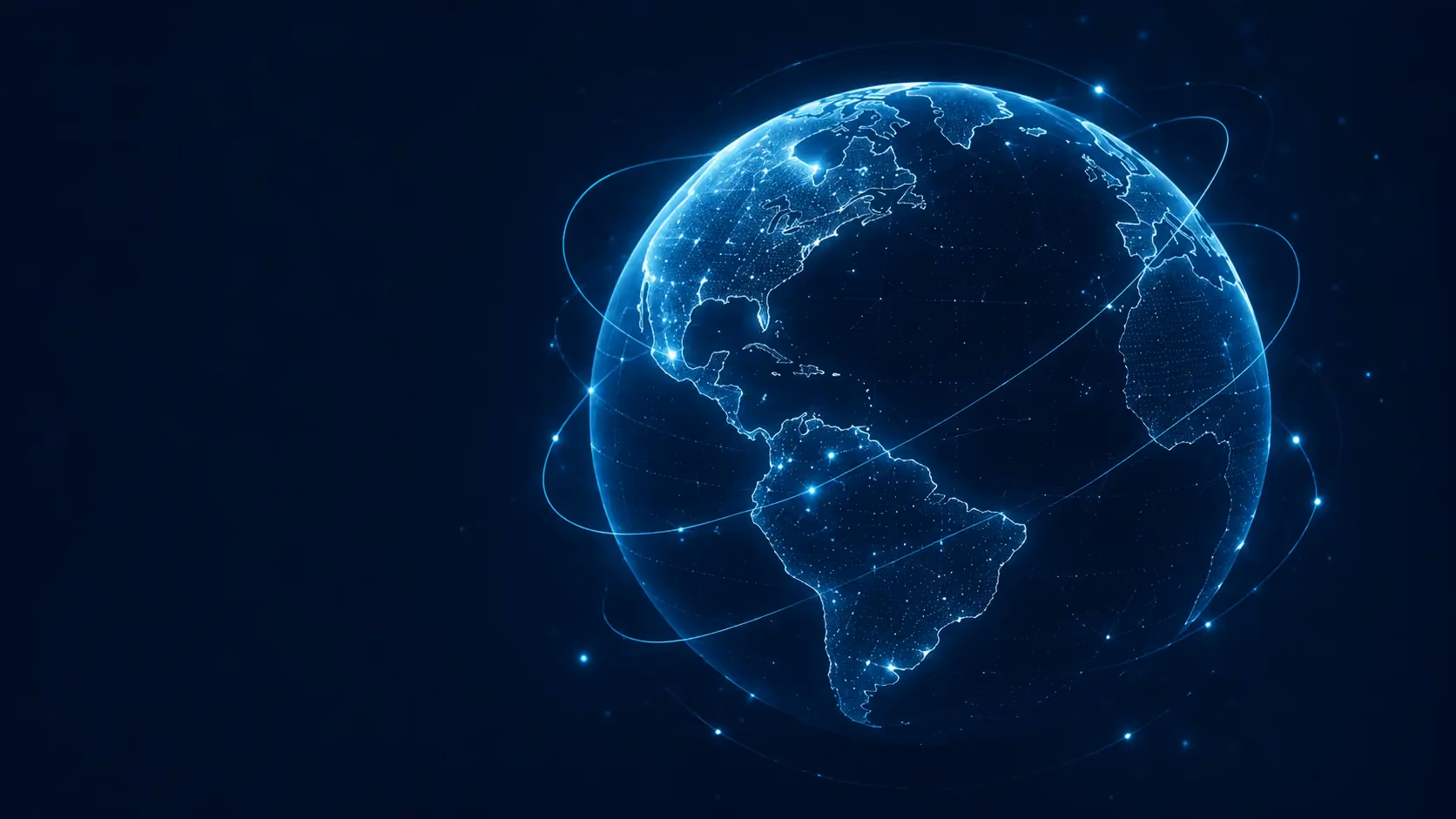 Globo terrestre desenhado em traços luminosos azuis sobre fundo escuro, com as Américas em destaque e órbitas ao redor