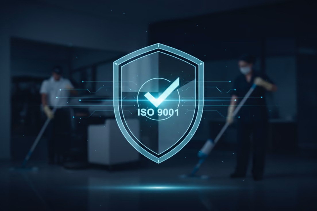Escudo com o selo ISO 9001 em destaque, com dois profissionais de limpeza ao fundo em ambiente corporativo
