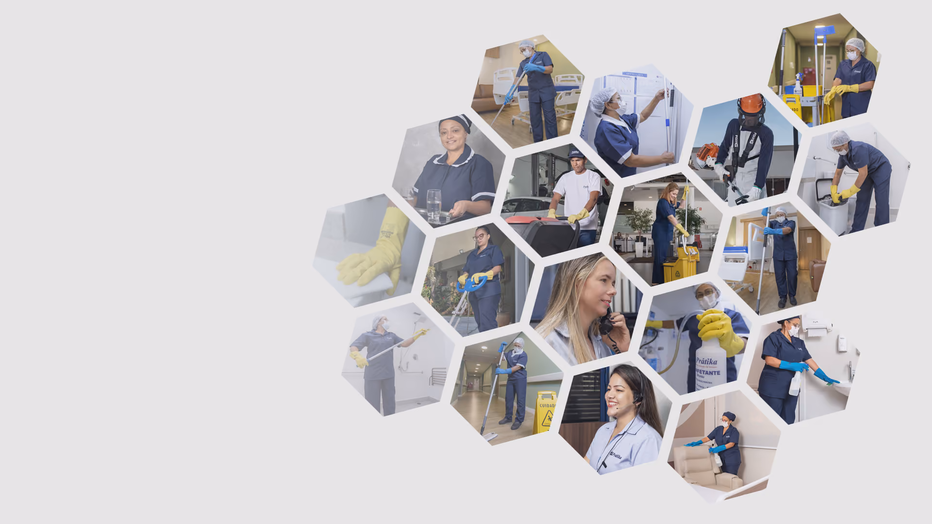 Mosaico de fotos em colmeia com profissionais da Prátika em ação: limpeza hospitalar, recepção, jardinagem, portaria e atendimento